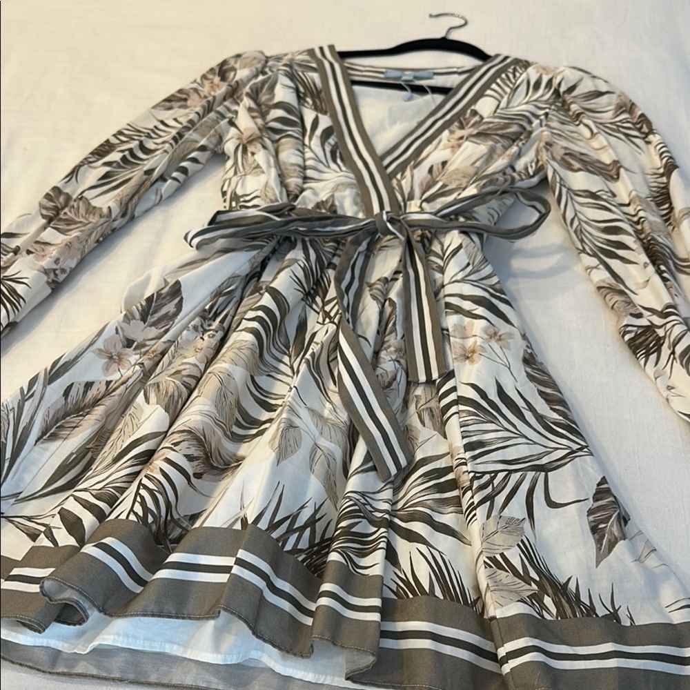 Woven Floral Wrap Dress in Beige and Taupe